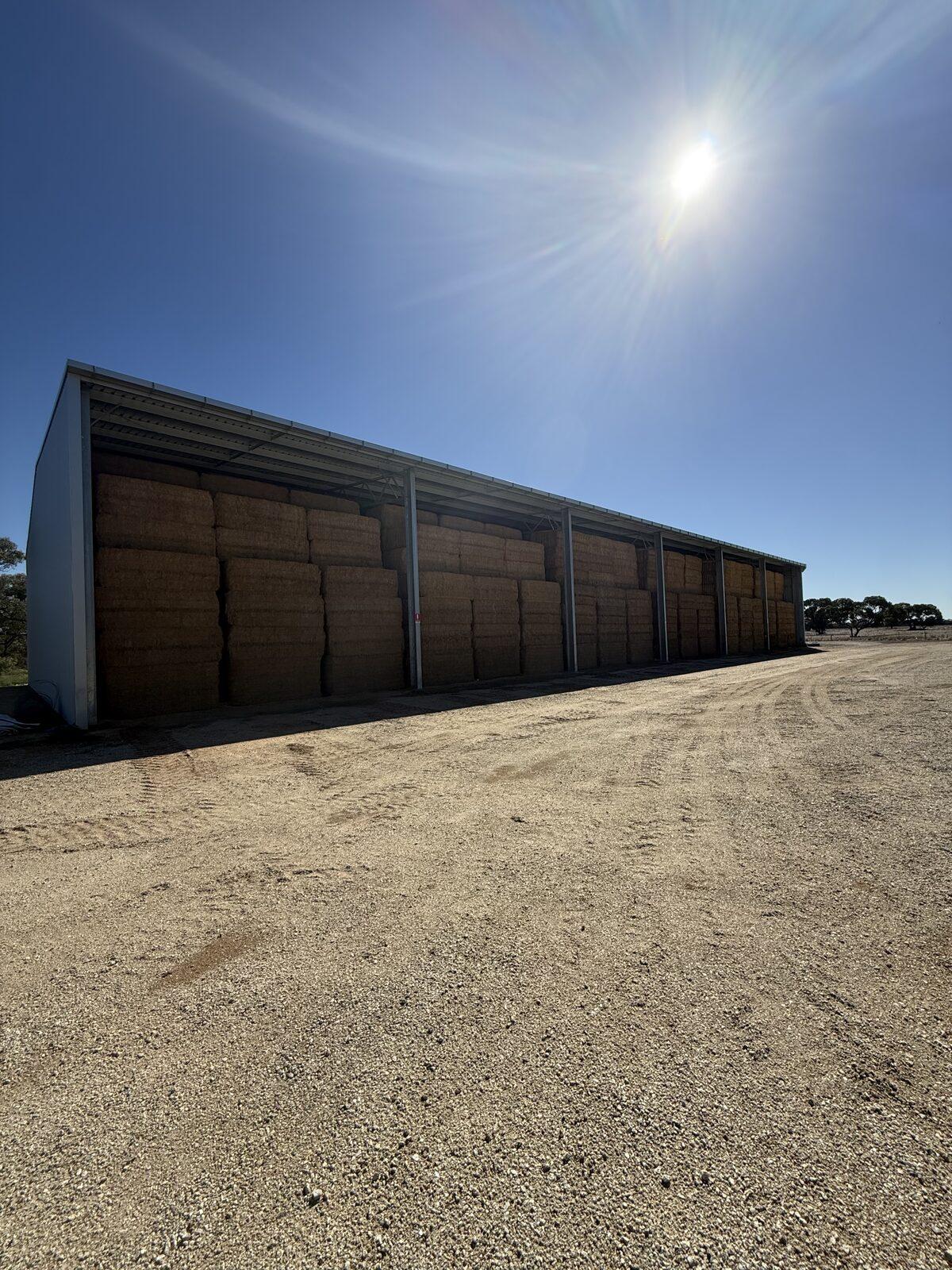 The Farm Direct hay shed, stacked with big square bales under a clear sky